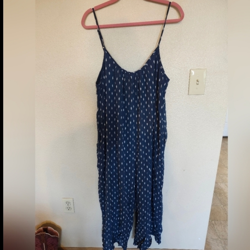 Wishlist Navy Blue Chiffon Leaf Leave Boho Spaghetti Romper Strap Jumpsuit - Picture 3 of 5